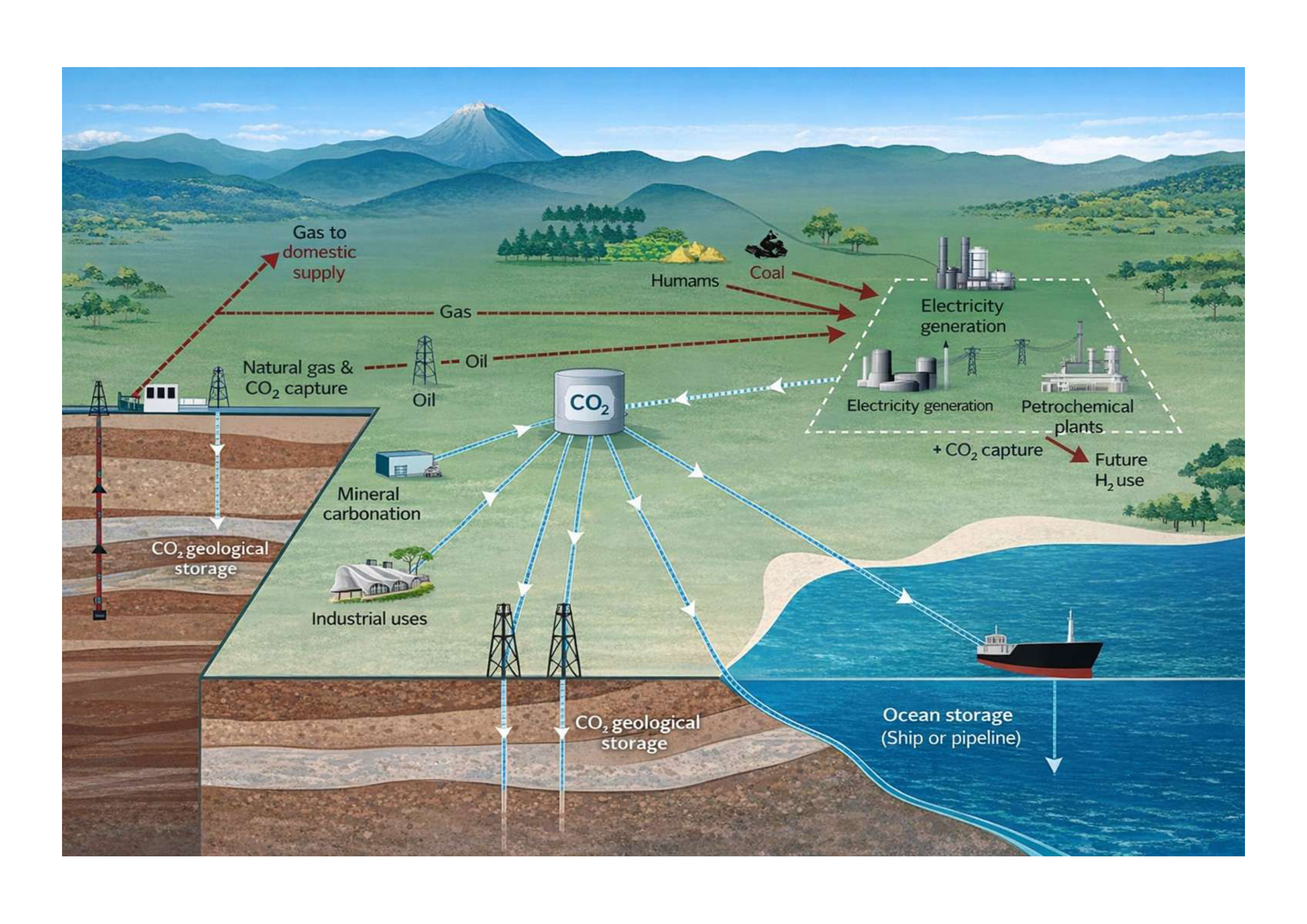 Illustration of carbon capture, pipeline and ship transport, and geological storage